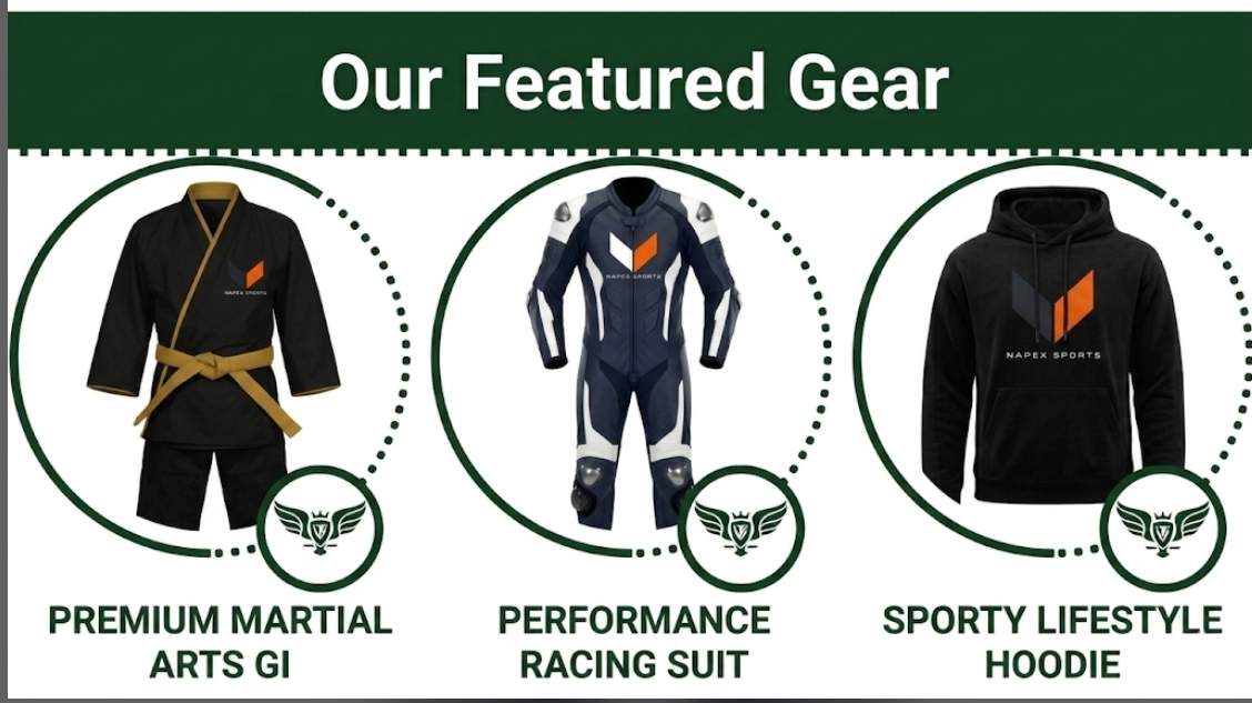 NAPEX featured gear — martial arts gi, racing suit, lifestyle hoodie